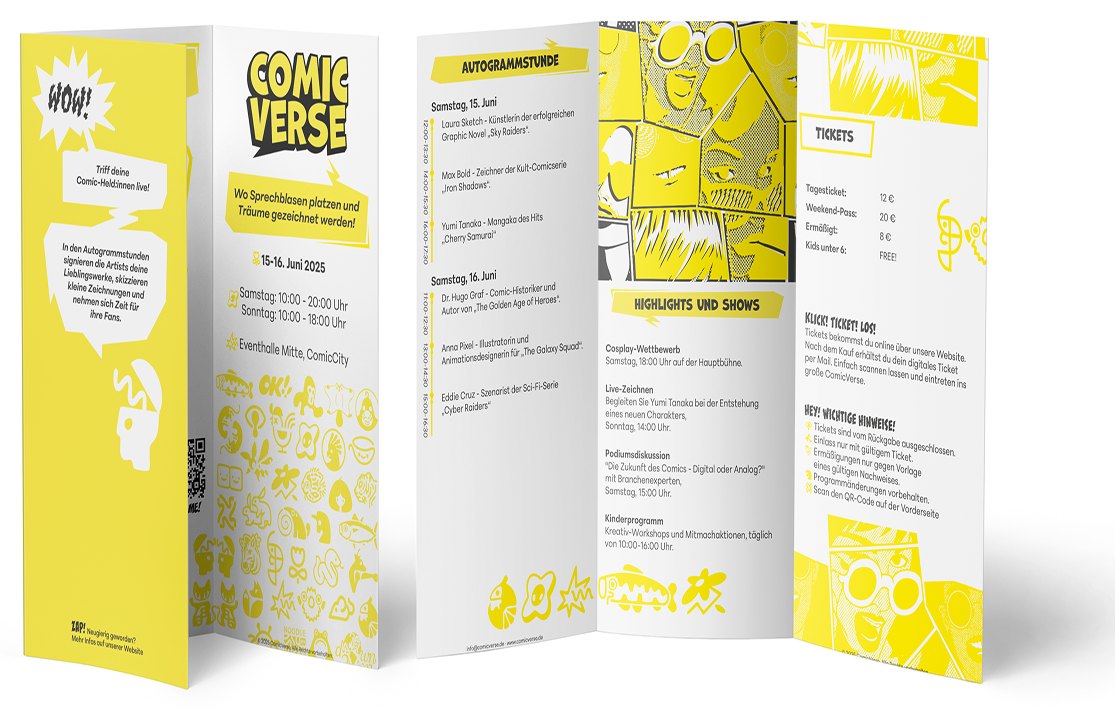 Comic Verse Broschüre – aufgeklappter Wickelfalz-Flyer